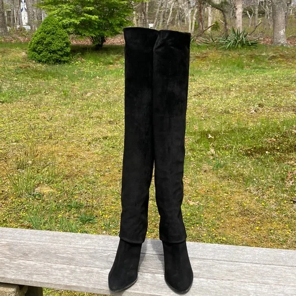 Black Suede OTK Heeled Boots - Picture 2 of 14